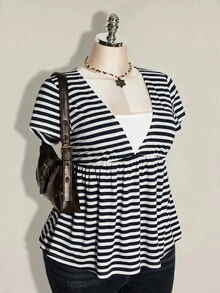 SHEIN ICON 女款大尺碼條紋兩件式休閒日常短袖T恤 - 藏蓝色 - 查看 12