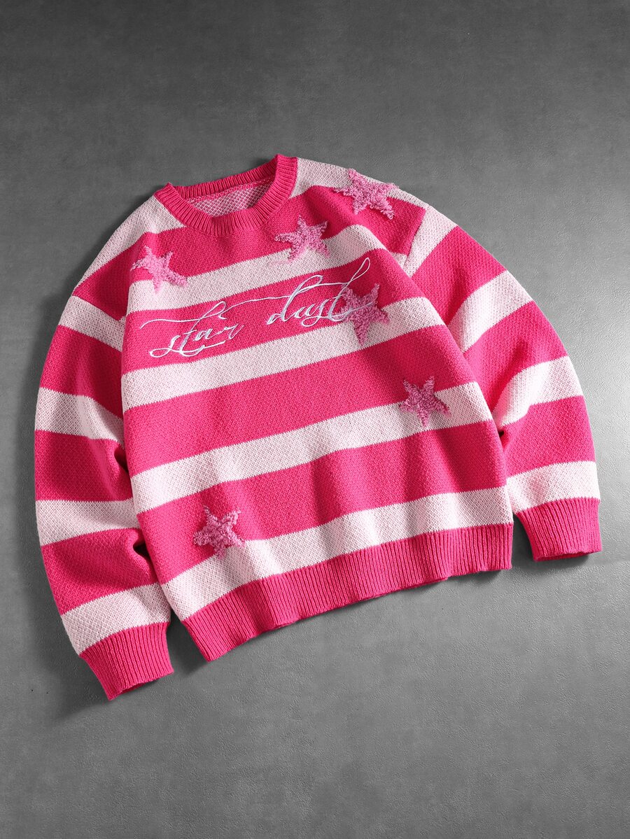 ROMWE MEN Men's Round Neck Striped Contrast Color Embroidered Fashion Sweater - Hot Pink - View 1