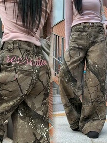 DAZY Women's Loose Wide Leg Jeans With All-Over Floral Print, Army Green Letter Embroidery, Casual Streetwear Korean Style For Spring And Autumn - Green - View 1