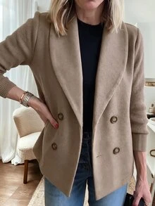 Holdful Holdful Women's Spring Autumn Camel Color Wool Blend Patchwork Knit 2 In 1 Jacket, Double Breasted Lapel Loose Casual Commuter Shopping Store Visit Layering Versatile Elegant Outerwear - Camel - View 3