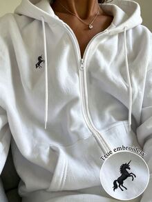 INAWLY Women's Loose Zip-Up Sweatshirt With Drawstring And Unicorn Graphic - White - View 1
