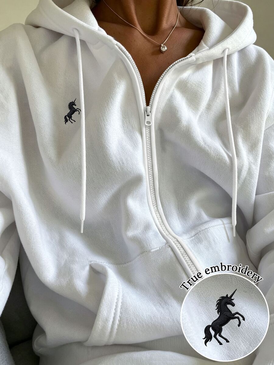 INAWLY Women's Loose Zip-Up Sweatshirt With Drawstring And Unicorn Graphic - White - View 1