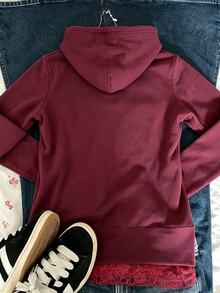 IslaSuriya Women's Solid Color Bookish Charm Hooded Sweatshirt Suitable For Christmas Thanksgiving, Daily Outings, Burgundy Dark Red Fall Retro Casual - Multicolor - View 2