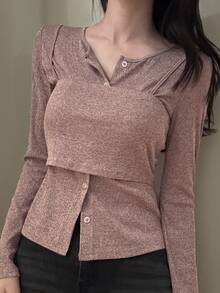 DAZY Solid Color Fitted Long Sleeve Cardigan & Short Camisole Casual Vacation Korean Style Daily Spring Autumn Women's 2 Pieces Set - Pink - View 1