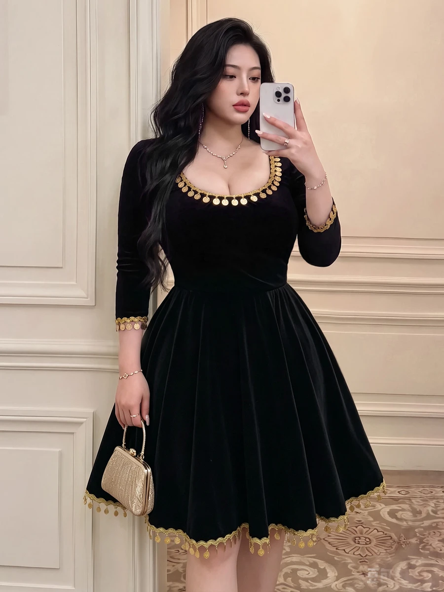 Vibekara Plus Size Round Neck Long Sleeve Gold Sequin Fringe Trim Contrast Color Elegant Vintage Cute Party Cocktail Middle Eastern Mid-Length Velvet Black Evening Dress - Black - View 1