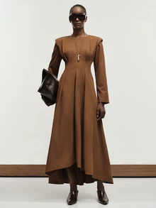Aveloria Modichic Women's Dress Wide Shoulder Fit And Flare Structured Twill Padded Sleeve Radial Pleat Asymmetrical Hem Brown Elegant Long Fall Thanksgiving Dinner - Brown - View 4