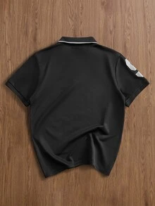 TOKVUE 男士半門襟鈕扣字母印花 Polo 衫 - 黑色 - 查看 3