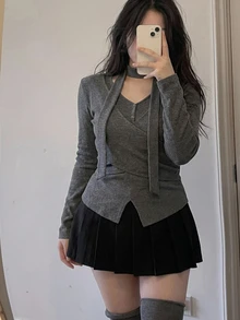 Dazy Plus Korean Style Layered Asymmetric Placket Criss-Cross Tie Casual Fitted Long Sleeve Spring Autumn New T-Shirt - Dark Grey - View 3