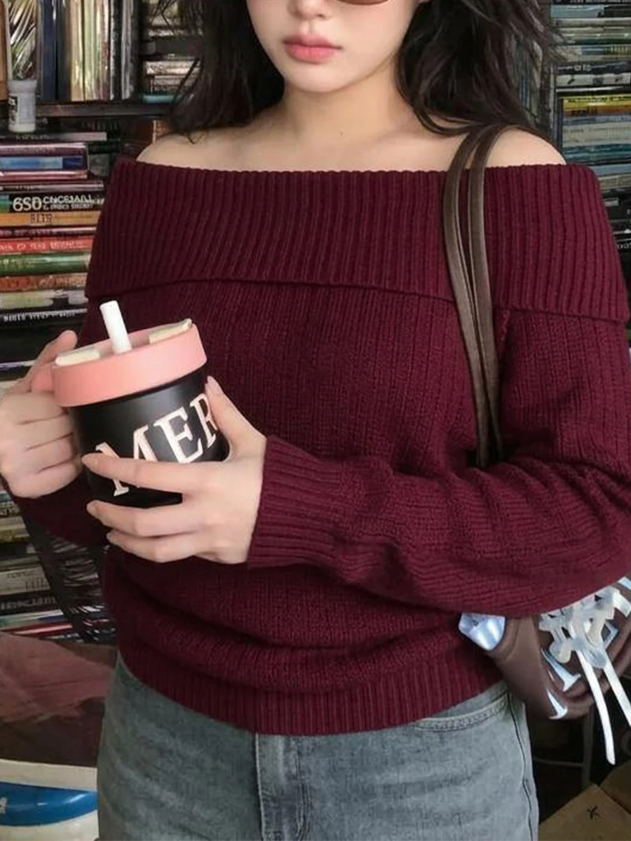 Dazy Plus Red New Year Christmas Off-Shoulder Korean Style Autumn/Winter New Pullover Sweater - Burgundy - View 1