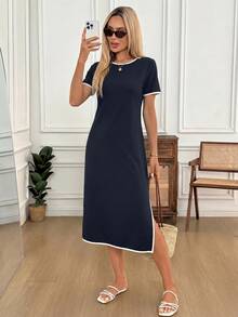 Easowa Women's Minimalist Fashion Striped Color Block Short Sleeve Side Slit Dress - Navy Blue - View 4