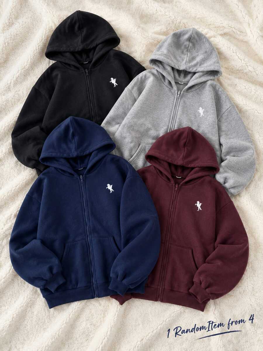 SHEIN 女孩休閒百搭寬鬆韓版開襟衛衣外套,返校季必備 - 藏蓝色 - 查看 1