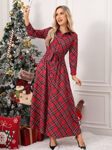 Editum Women's Fashion Plaid Button Long Sleeve Vacation Dress - Red - View 5