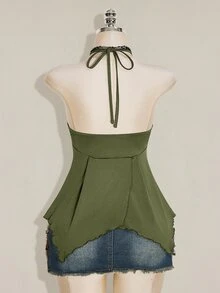 SHEIN ICON 女款性感掛脖綁帶背心，不對稱下擺 - 軍綠色 - 查看 2