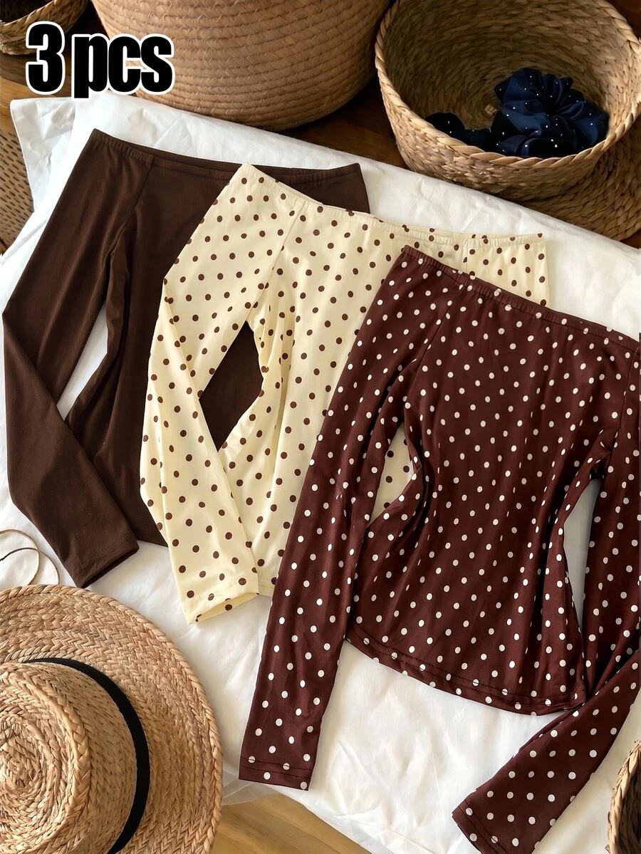 Teen Girls Polka Dot Long Sleeve Tee, Brown & Beige Layering Basics (3 Pcs) Fall Winter - Multicolor - View 1
