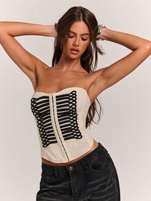 SHEIN BAE Atasan Tube Tanpa Tali Seksi Wanita Musim Gugur & Musim Dingin dengan Trim Webbing Warna Kontras yang Elegan - Hitam dan Putih - View 3