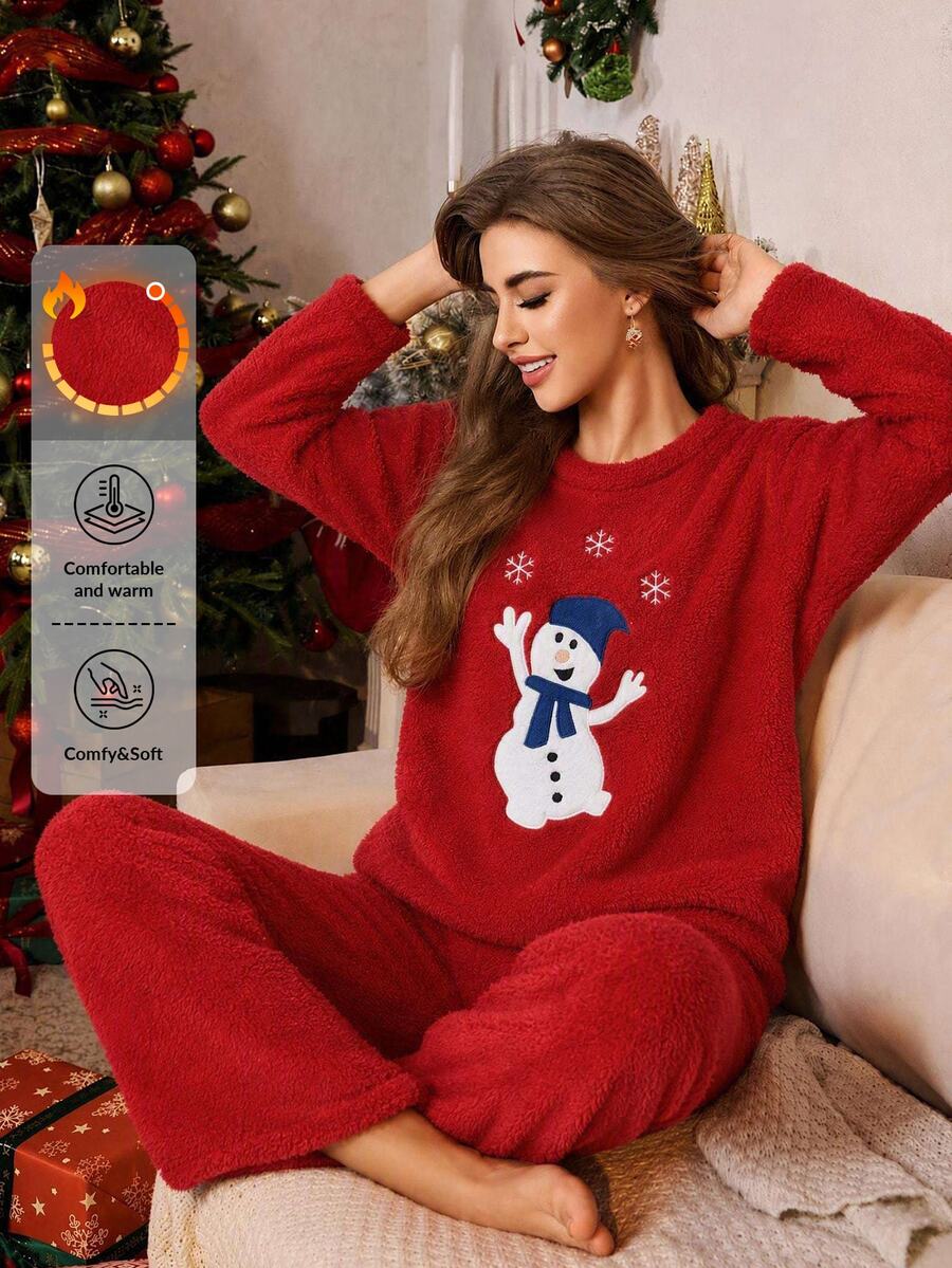 SHEIN طقم بيجامة نوم كاجوال فروي لطيف بتصميم رجل الثلج لعيد الميلاد باللون الأحمر - عنابي اللون - مشاهدة 1