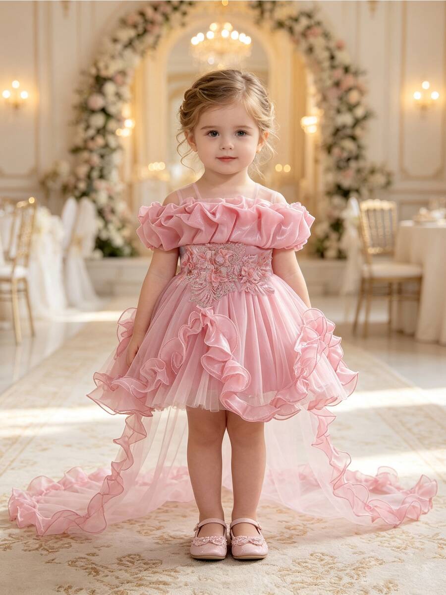 SHEIN Gaun Putri Bayi Balita Bahu Terbuka dengan Ekor Panjang Bahan Mesh - Dusty Pink - View 1