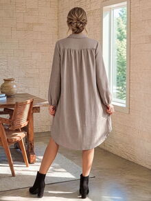 EMERY ROSE Women's Round Neck Long Sleeve Single-Breasted Solid Color Dress - Brown - View 2