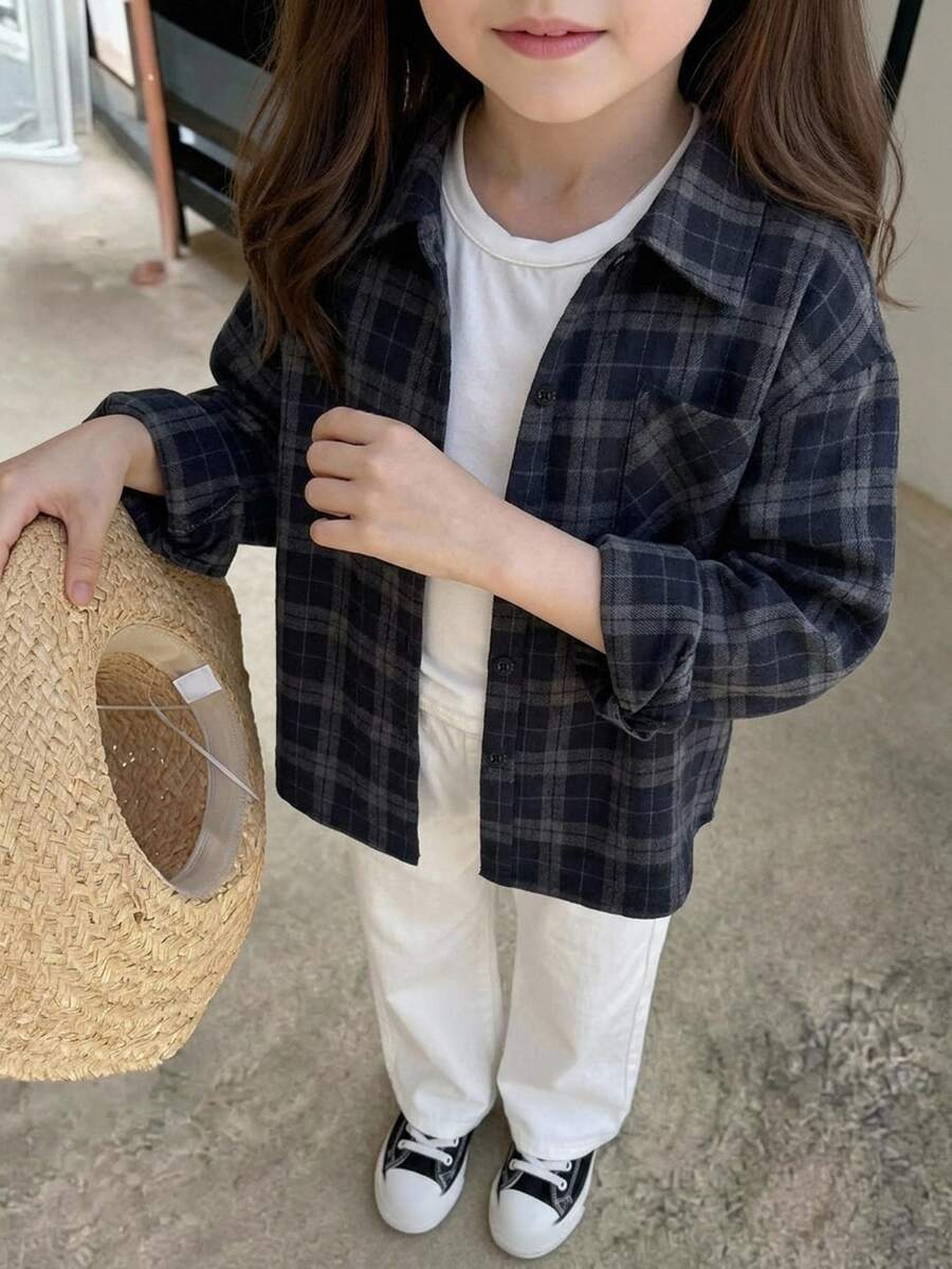Hapijoa 翻領條紋寬鬆休閒青少年女孩襯衫 - 藏蓝色 - 查看 1