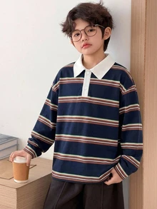DAZY 青少年男孩條紋拼接休閒日常長袖T恤 - 藏蓝色 - 查看 4