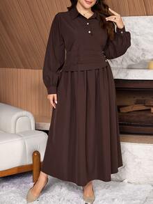 Al Najma Women's Shirt Collar Long Sleeve Ruched Waist Layered Versatile Spring Autumn Solid Color Plus Size Arabian Dress - Coffee Brown - View 1