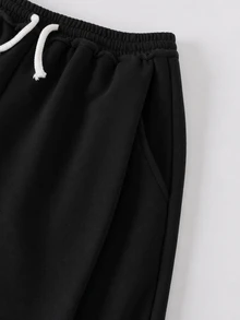 SHEIN Tween女孩寬鬆抽繩口袋寬腿運動長褲，淺灰色冬季款 - 黑色 - 查看 4