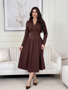 Feyla Women's Solid Color Elegant Daily Business Commute V-Neck Midi Dress - Brown - View 7