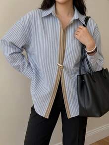 Dazy Plus Office Wear Design Lapel Long Sleeve Blue Striped Button Loose Casual Cotton Shirt - Blue - View 6