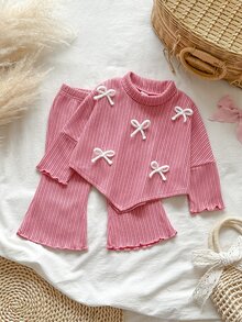 SHEIN Vintaside Kids 2pcs Toddler Baby Girl Top Flared Pants Sweet Cute Pink 3D Bows Lettuce Trim Ribbed Long Sleeve Mock Neck Regular Party Fall Sweaters Holiday Knit Set - Pink - View 1