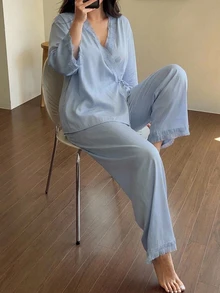 Dazy Plus Casual Minimalist Asymmetric Front Tie Top & Pants 2pcs Set Home Wear Elegant Pajama Outfit - Blue - View 5