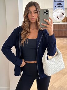 Easowa Women's Street Casual Zip-Up Long Sleeve Hooded Sweatshirt Autumn Workout Gym Navy Blue Black - Navy Blue - View 1