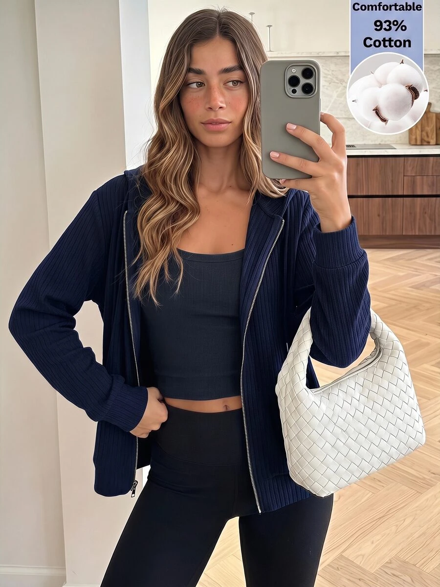 Easowa Women's Street Casual Zip-Up Long Sleeve Hooded Sweatshirt Autumn Workout Gym Navy Blue Black - Navy Blue - View 1
