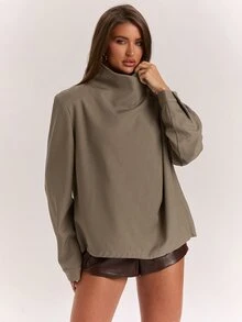 SHEIN BAE Jaket Kasual Wanita Warna Polos Lengan Panjang Desain Tumpang Tindih dengan Dekorasi Kancing - Mocha Brown - View 6