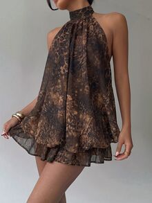 Aloruh Women's Elegant Pale Yellow Halter Neck Tie Mini Dress - Brown - View 5