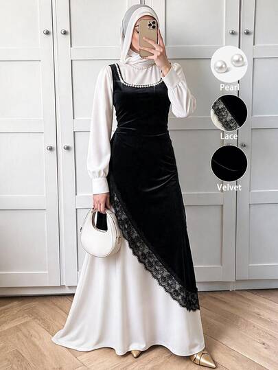 Celisse Autumn/Winter Luxury Vintage Velvet Vest Women Square Neck Pearl Studded Asymmetrical Lace Patchwork Waist-Cinching Evening Party Holiday Slim Fit Outerwear Sleeveless Top