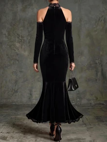 SHEIN Women's Solid Color Cold Shoulder Halter Neck Lace Patchwork Waist-Cinching Slimming Elegant Dress - Black - View 2