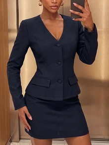 SHEIN SXY Women's Elegant Button Long Sleeve Jacket And Skirt Suit Set - Royal Blue - View 1