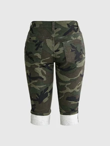 ROMWE Summer Y2K Hot Girl All-Match Versatile Retro Ultra Low Waist Denim Skinny Mid-Length Shorts - Army Green - View 2