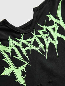 ROMWE Goth Women's Neon Green Print Dark Swamp Distressed Sexy Tank Top - Black - View 4