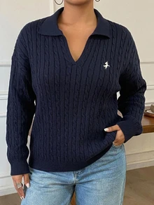 Dazy Plus Blogger Casual Style Embroidered Pattern Loose Fit Spring/Autumn New Pullover Sweater - Navy Blue - View 7