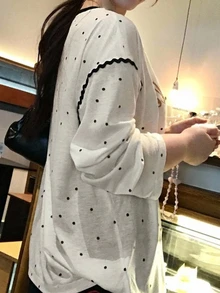 Dazy Plus Letter Print Cartoon Pattern Loose Fit Korean Style Long Sleeve White T-Shirt - White - View 2