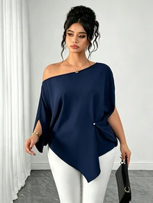 Elenzga بلوزة مقاس كبير مثيرة وأنيقة بحافة غير متماثلة وكتف غير متماثل - أزرق بحري - مشاهدة 6