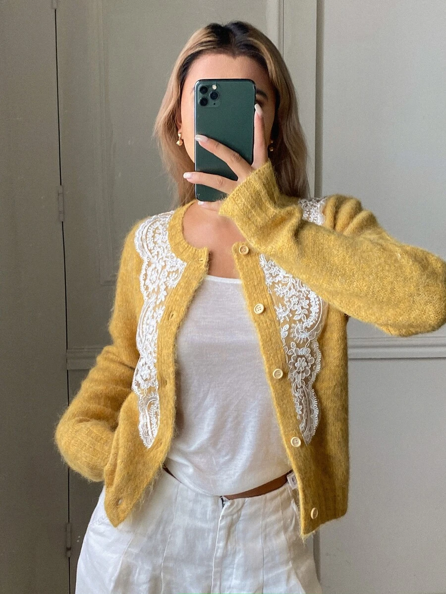 Livesso Women's Lace Patchwork Casual Versatile Daily Wear Cardigan - Yellow - View 1