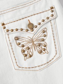 SHEIN PETITE Women's Casual Rivet & Embroidery Decorated Wide Leg Denim Jeans - White - View 6
