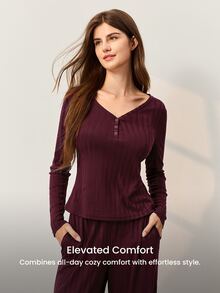 LUVLETTE Cloud Soft Set Pakaian Santai Wanita Musim Gugur Kerah V Kancing Cokelat-Merah Atasan Pullover Lengan Panjang dan Celana Panjang, Bahan Tekstur Rib, Set Lounge Grafis untuk Wanita - Burgundy - View 8