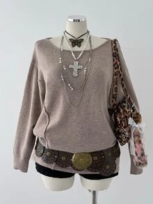 Sunspun Women Plus Size Casual Boat Neck Khaki Long Sleeve Drop Shoulder Pullover Sweater - Khaki - View 8