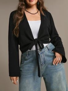 Freevana Black Tie-Front Wrap Top With Bell Sleeves, Cropped Open Cardigan, Boho Chic Layering Piece Winter - Black - View 3