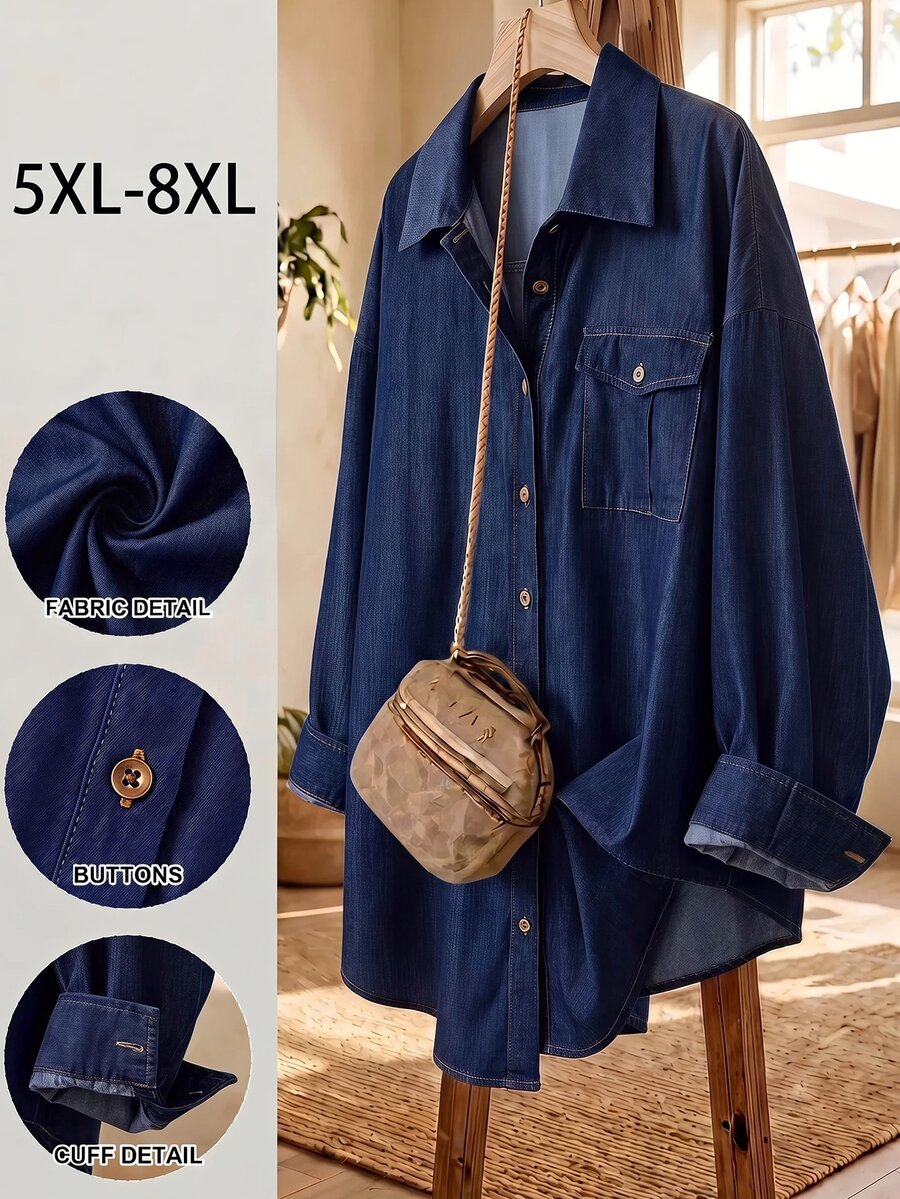 SHEIN CURVE+ Plus-Size Casual Denim Printed Shirt For Commuting Summer Outfits, Holiday Outfits, Beach Outfits, Fall - Blue - View 1