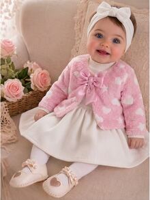 SHEIN Elladie kids 2件組女嬰夾克洋裝套裝，甜美可愛粉白蝴蝶結愛心印花，長袖圓領加厚款，生日派對秋冬節日禮物 - 粉色 - 查看 1