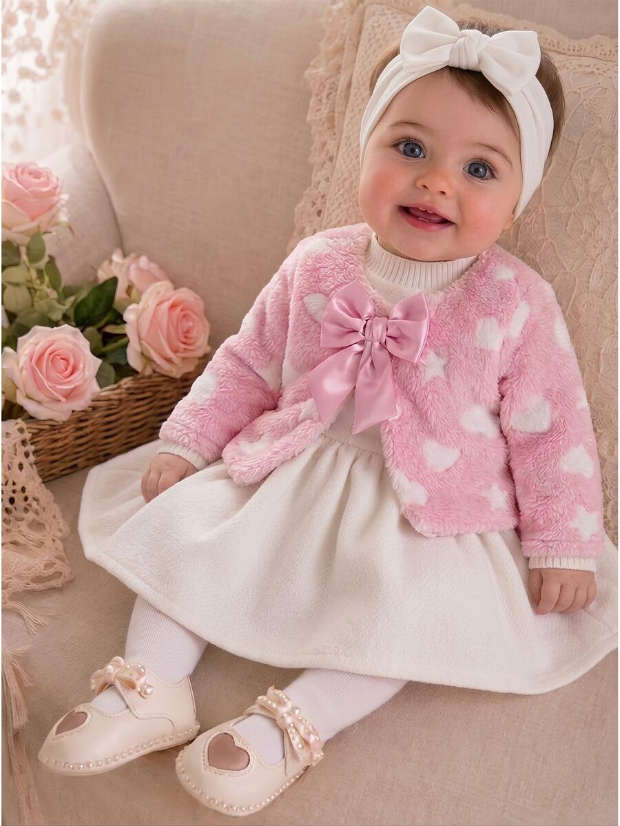 SHEIN Elladie kids 2件組女嬰夾克洋裝套裝，甜美可愛粉白蝴蝶結愛心印花，長袖圓領加厚款，生日派對秋冬節日禮物 - 粉色 - 查看 1